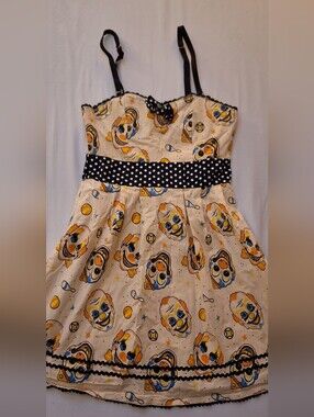 Sourpuss Cream Dress with Black Polka Dot Waist and Orange/Blue Print
